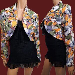 Vintage 80s Dark Tropic Floral Cropped Jacket Bolero Yellow Green Black  Size S